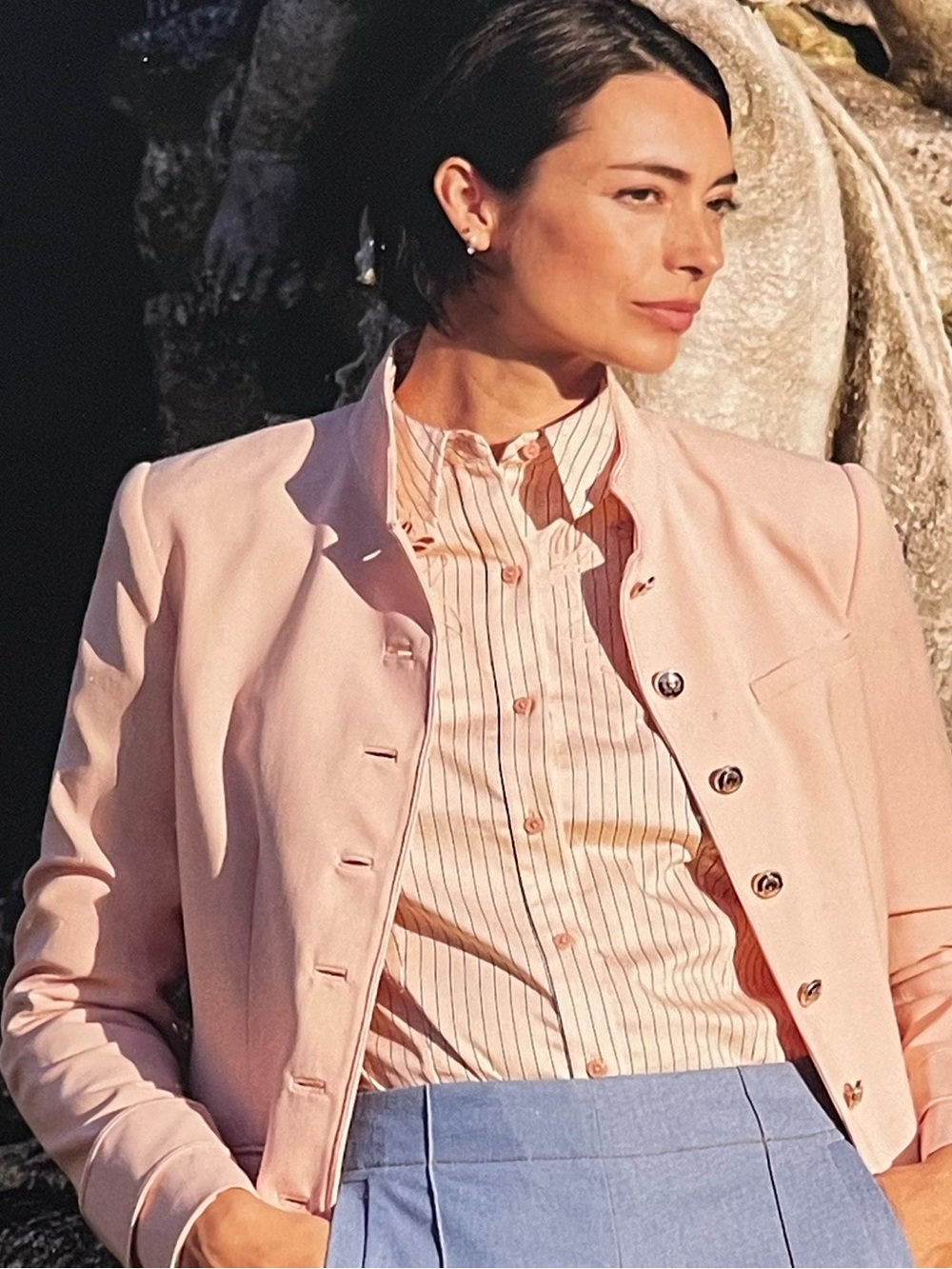 Carlisle Embroidered Pink Striped Button-Up Shirt "Columbine"